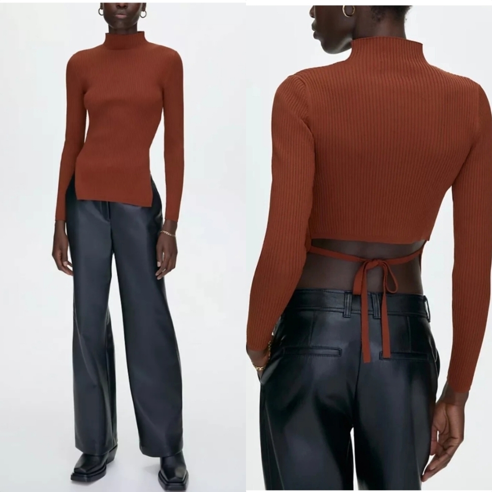 Aritzia Babaton Ambrosia Sculpt Knit Ribbed High Neck Open Back Long Sleeve Top
